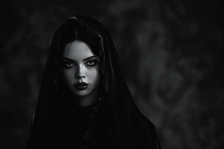 Portrait of a beautiful woman in a black dress in the darkの素材