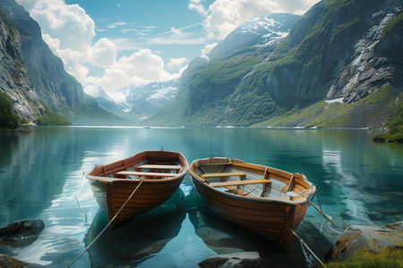 Beautiful fjord landscape with boats in Norway, Scandinaviaの素材
