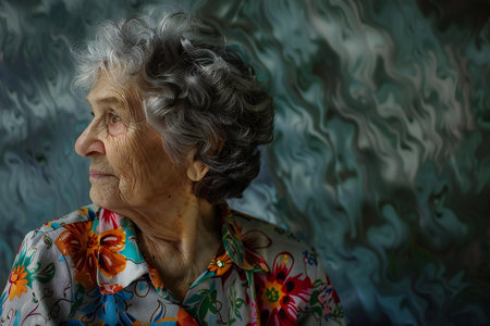 Portrait of an elderly woman with gray hair in a floral dressの素材