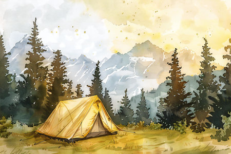 Camping in the mountains. Watercolor illustration on a white background.の素材