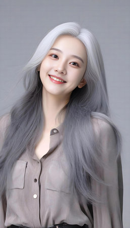 portrait of asian woman in studio, isolated on gray backgroundの素材