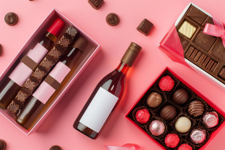 Box with chocolate candies, bottle of wine and chocolates on pink backgroundの素材