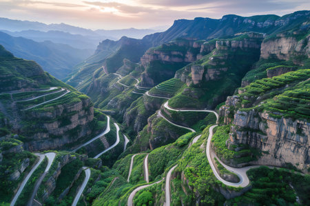Aerial view of winding mountain road at sunset. Taken in Chinaの素材