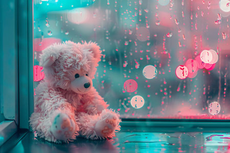 Teddy bear sitting on the window with bokeh background.の素材