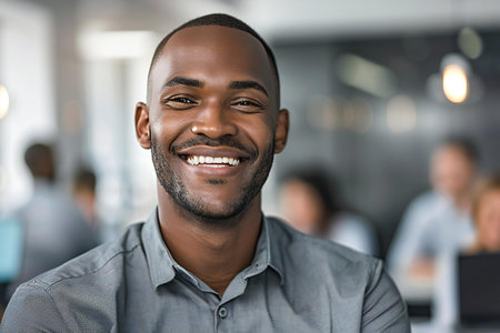 Portrait of happy african american businessman smiling at camera in officeの素材
