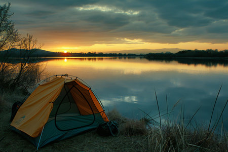 Camping tent on the shore of a lake at sunset. Beautiful natural landscape.の素材