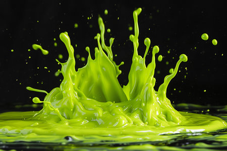 green paint splashing isolated on black background. liquid splash close upの素材