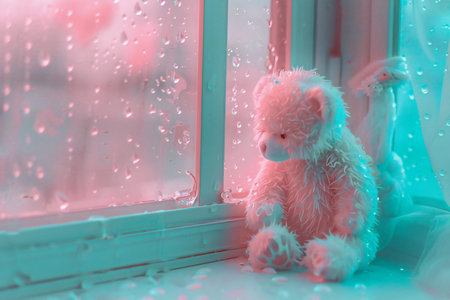 Cute teddy bear sitting on the windowsill in the rainの素材