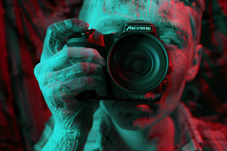 Zombie holding a camera. Halloween theme. 3D rendering.の素材