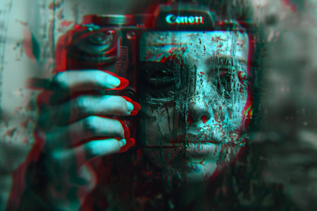 Halloween concept. Scary zombie man with blood on his face holding a camera.の素材