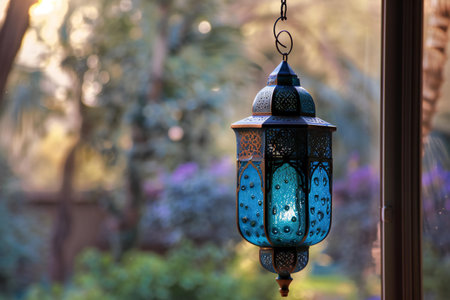 Arabic lanterns in the garden. Ramadan Kareem background.の素材