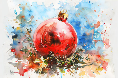 Watercolor painting of red christmas ball on watercolor background.の素材