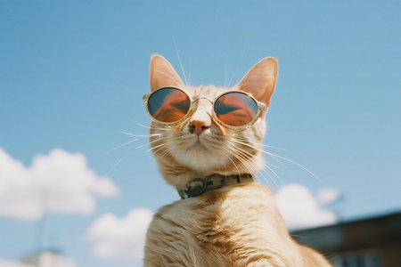 Portrait of a cat in sunglasses on a background of blue skyの素材