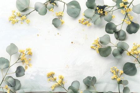 Flowers composition. Eucalyptus branches and yellow flowers on white wooden background. Flat lay, top view, copy spaceの素材