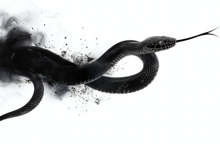 3d rendering of a black snake with smoke on a white backgroundの素材