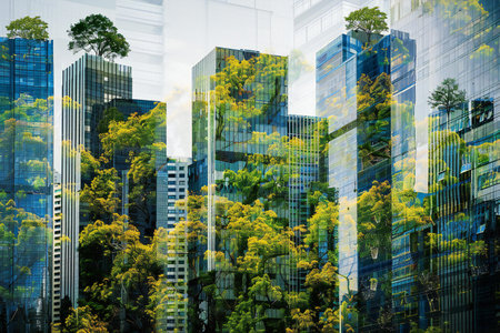 Green tree and modern skyscrapers in the city, double exposureの素材