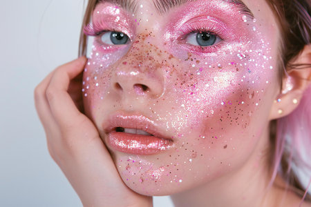 Portrait of a beautiful girl with pink makeup and sparkles on her faceの素材