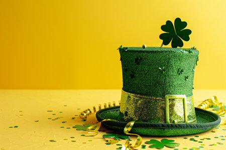 St. Patrick's Day background with green hat, shamrock and golden confetti on yellow backgroundの素材
