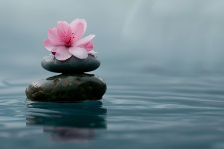 zen stones and flower on water background with copy space for your textの素材