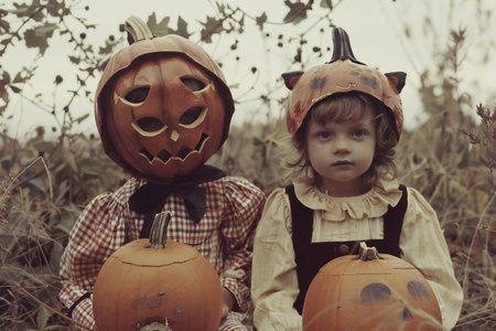 Little boy and girl in halloween costumes with carved pumpkinsの素材