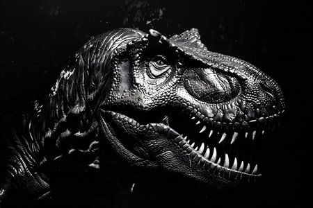 Tyrannosaurus dinosaur head on a black background, close-upの素材