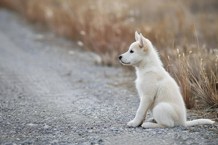 White siberian husky dog sitting on the road in autumnの素材