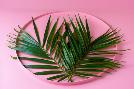 Tropical palm leaves on pink background. Flat lay, top viewの素材