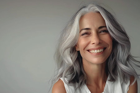 Portrait of a beautiful mature woman with long grey hair on gray backgroundの素材