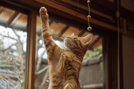 ginger cat playing with a toy in front of a window.の素材