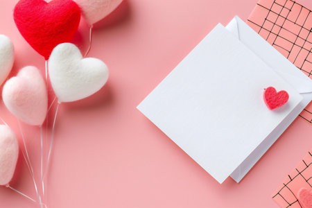 Valentine's day greeting card mockup on pink background top view.の素材