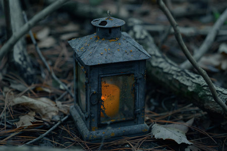 Lantern in the forest. Old lantern in the forest.の素材