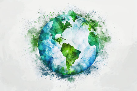 Earth planet with watercolor splashes on white background.の素材