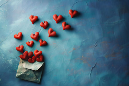 Envelope with red paper hearts on blue background, top viewの素材