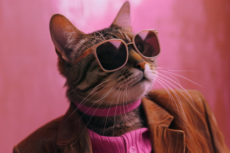 Portrait of a beautiful tabby cat wearing sunglasses on a pink backgroundの素材