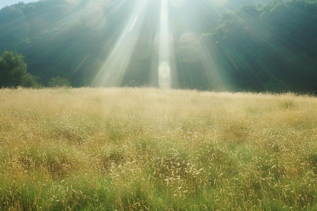 Grassland in the morning with sunbeams and lens flareの素材