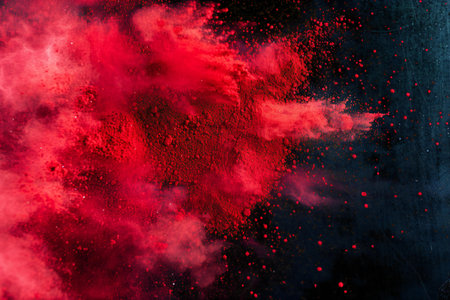 Freeze motion of red and black powder explosion isolated on black backgroundの素材