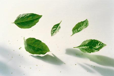 Green leaves on a white background. The concept of healthy food.の素材