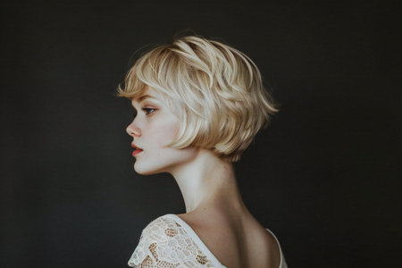 Portrait of a beautiful blonde girl with short hair on a black backgroundの素材