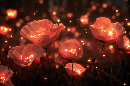 Red poppies on the meadow in the rays of lightの素材
