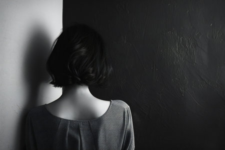 Young woman with short black hair standing in front of a wall.の素材