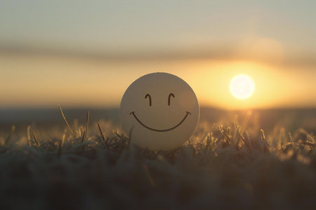 Smiley face on a white plastic ball on the grass at sunsetの素材