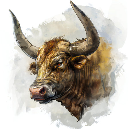 Watercolor portrait of a bull with big horns.の素材