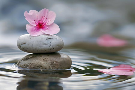 zen stones and pink sakura flower in water, spa and meditation conceptの素材
