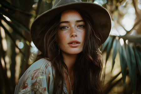 Portrait of a beautiful young woman in a hat in the forestの素材