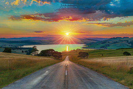 Sunset over a country road in New South Wales, Australia.の素材