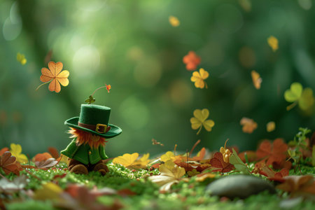 leprechaun and leaves on green grass with bokeh backgroundの素材