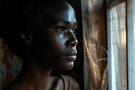 Beautiful african american woman looking out the window at homeの素材