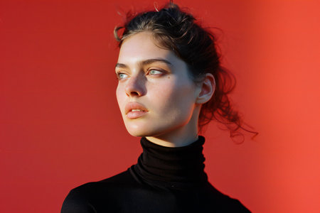 Portrait of a beautiful young girl on a red background. Beauty, fashion.の素材