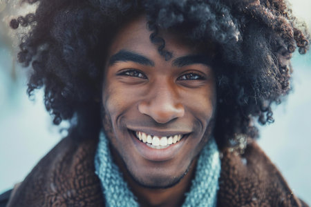 Portrait of young african american man with afro hairstyle smiling outdoors.の素材