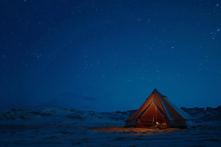 Camping tent in the snow at night with starry sky.の素材